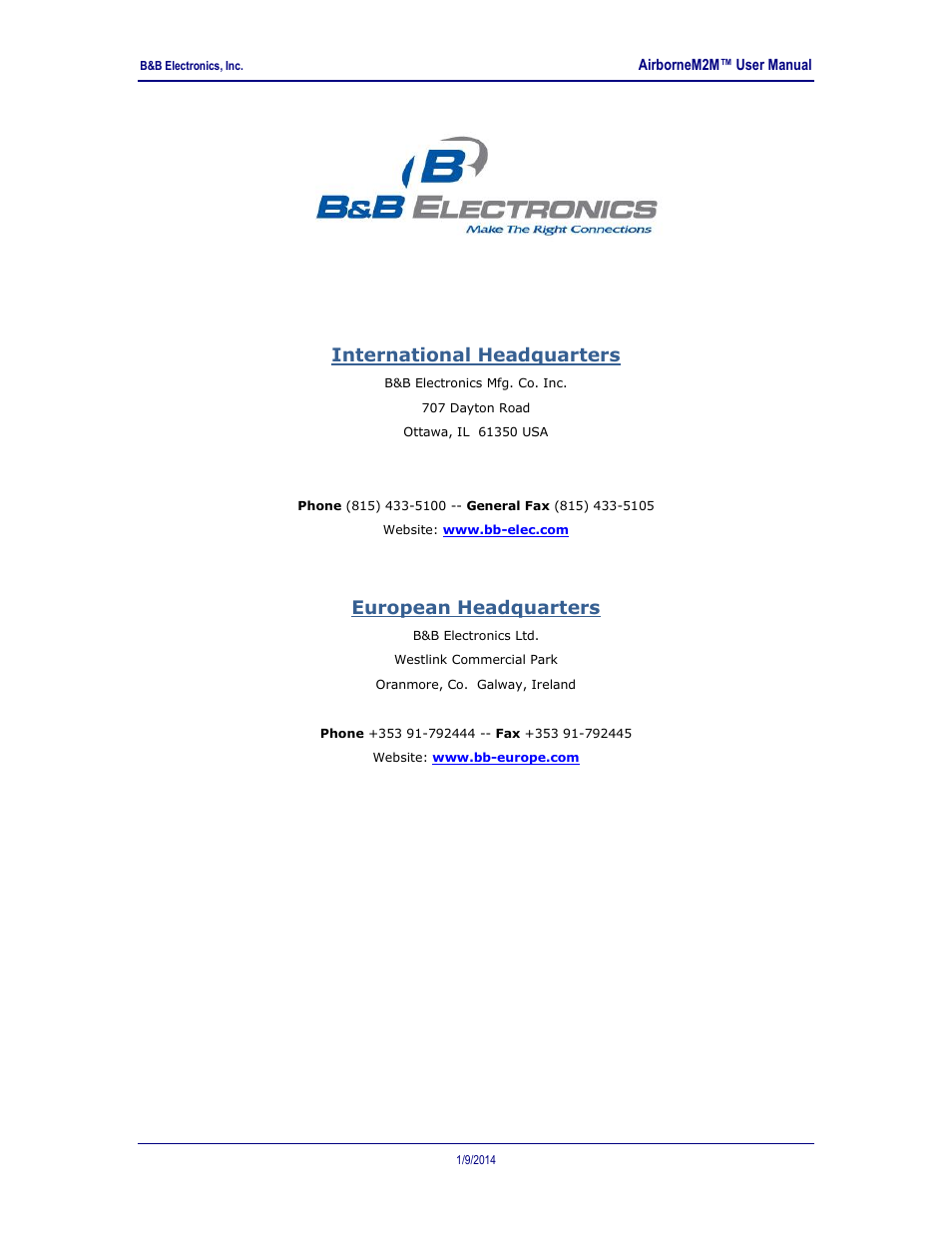 International headquarters, European headquarters | B&B Electronics APXN-Q5428 - User Manual User Manual | Page 2 / 105