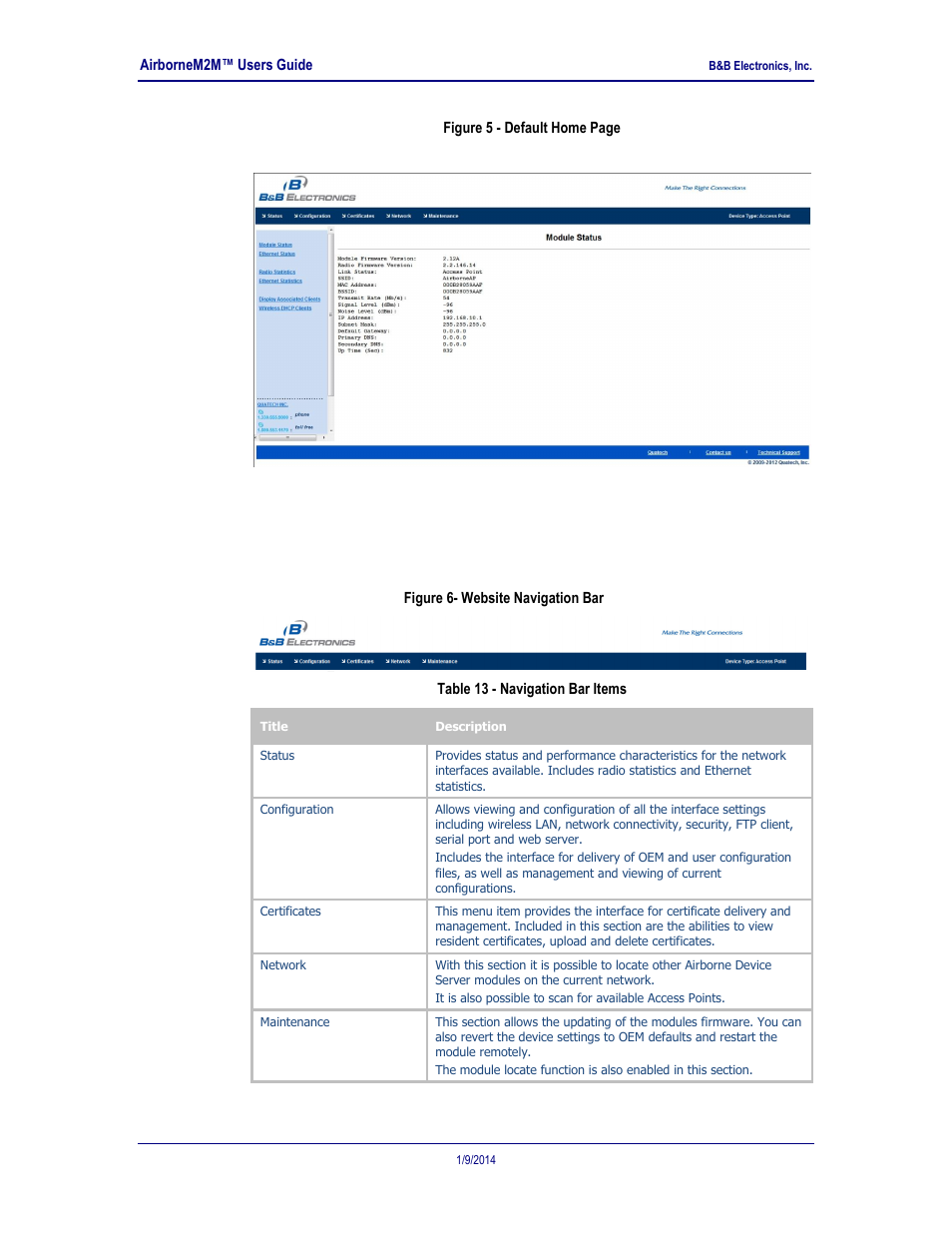 Navigation bar, Figure 6- website navigation bar, Table 13 - navigation bar items | 1 navigation bar | B&B Electronics APXN-Q5428 - User Manual User Manual | Page 29 / 105