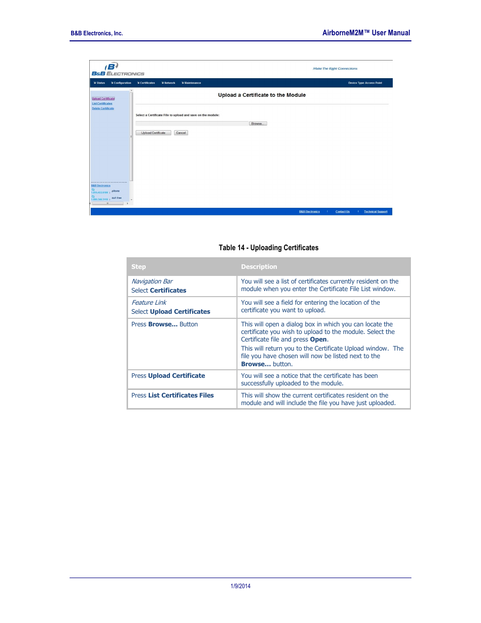 Upload configuration files, Table 14 - uploading certificates, 6 upload configuration files | B&B Electronics APXN-Q5428 - User Manual User Manual | Page 32 / 105