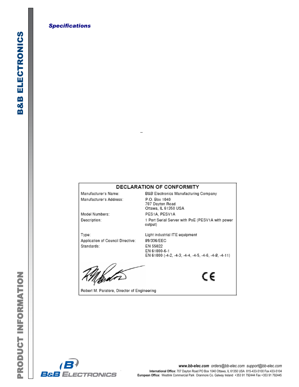 B&B Electronics PESV1A - Datasheet User Manual | Page 2 / 2