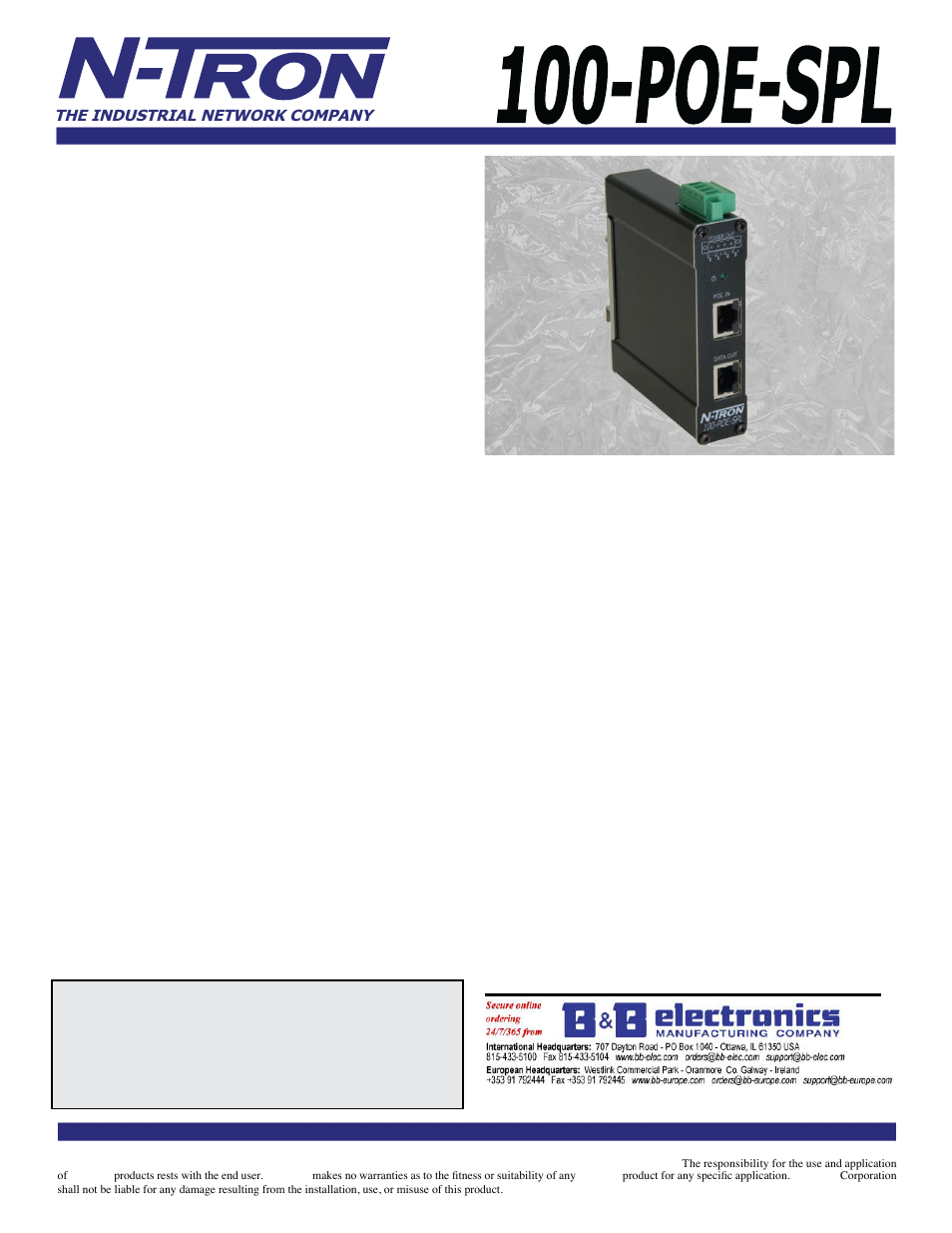 B&B Electronics 100-POE-SPL-12 - Datasheet User Manual | 2 pages