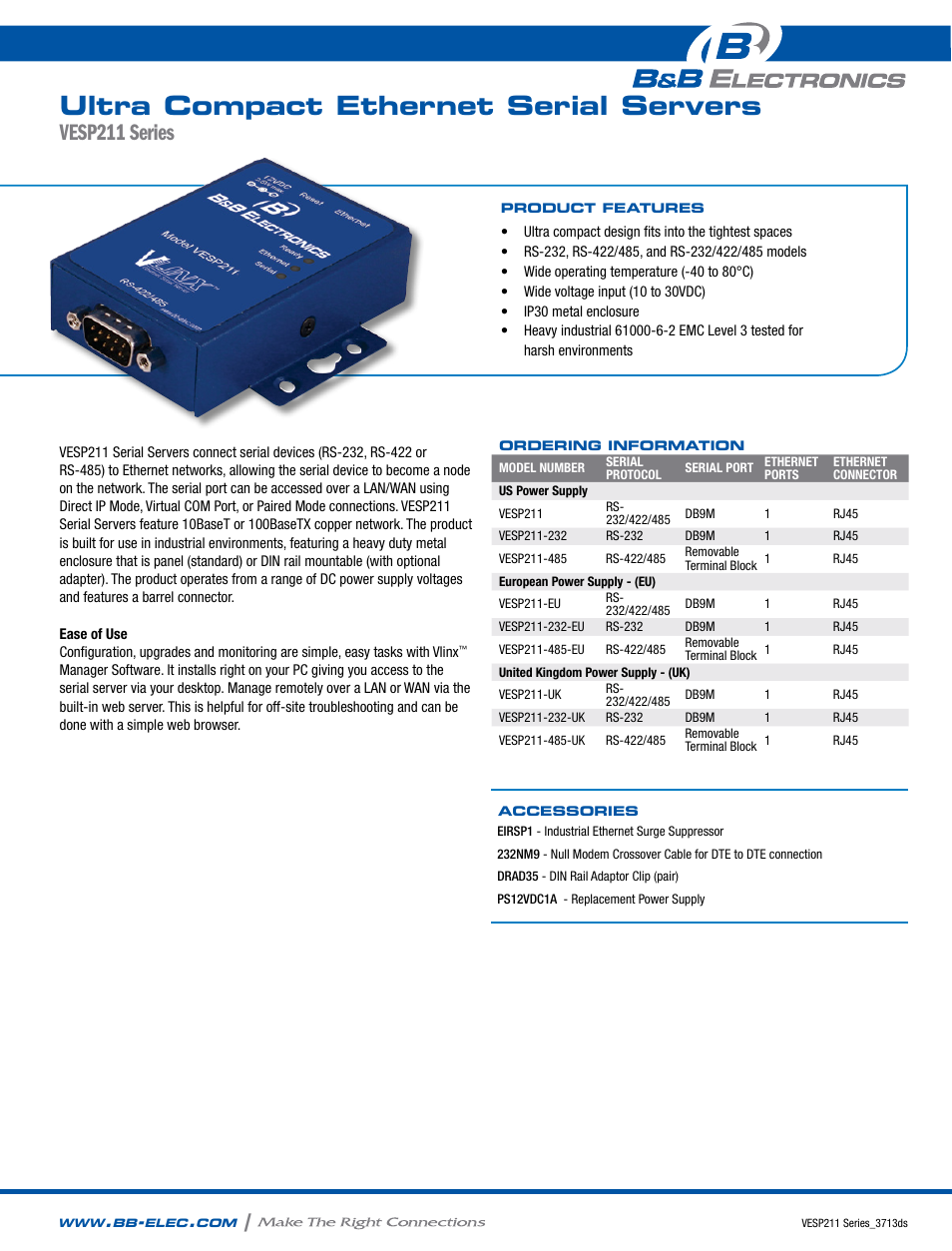 B&B Electronics VESP211 Series - Datasheet User Manual | 2 pages