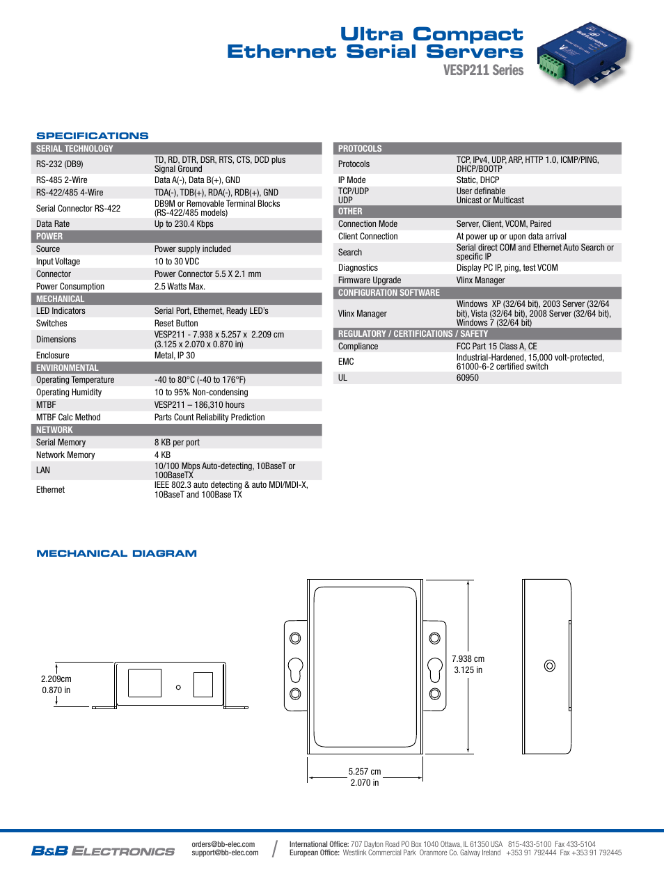 Ultra compact ethernet serial servers, Vesp211 series | B&B Electronics VESP211 Series - Datasheet User Manual | Page 2 / 2