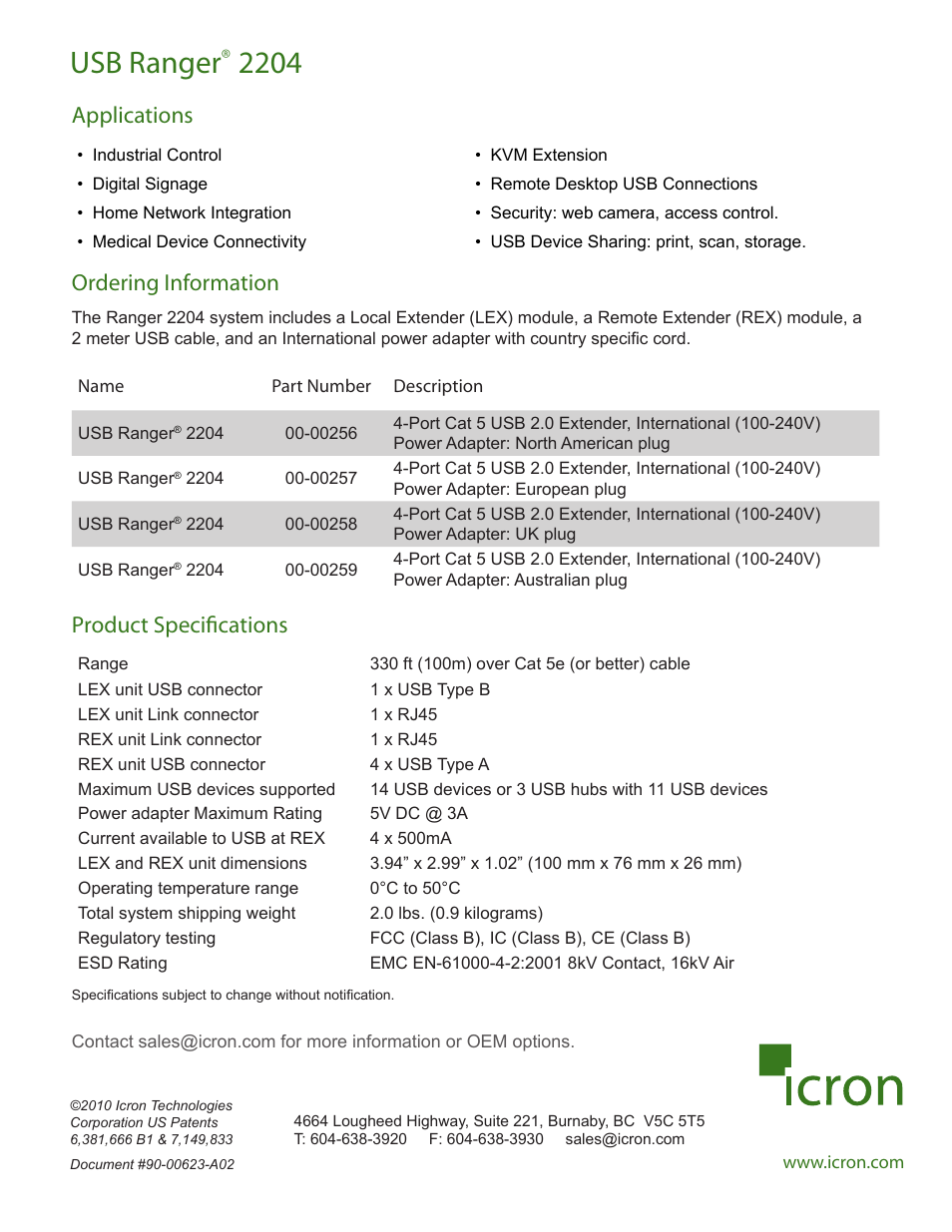 Usb ranger, Applications ordering information, Product specifications | Icron Ranger 2204 User Manual | Page 2 / 2