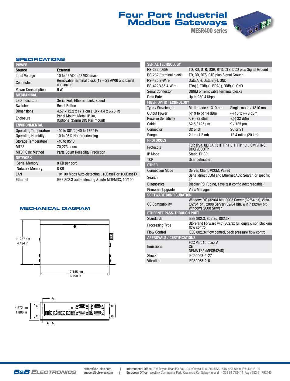 Four port industrial modbus gateways, Mesr400 series | B&B Electronics MESR424T_D-MT_D-SC - Datasheet User Manual | Page 2 / 2