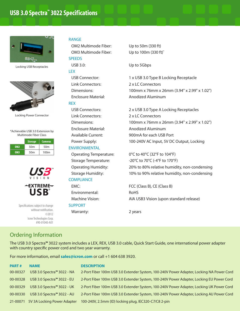 Usb 3.0 spectra, 3022 specifications, Ordering information | Extreme link, 4500 product specifications | B&B Electronics 00-00327 - Datasheet User Manual | Page 2 / 2