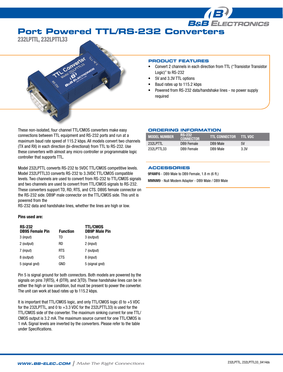 B&B Electronics 232LPTTL33 - Datasheet User Manual | 2 pages