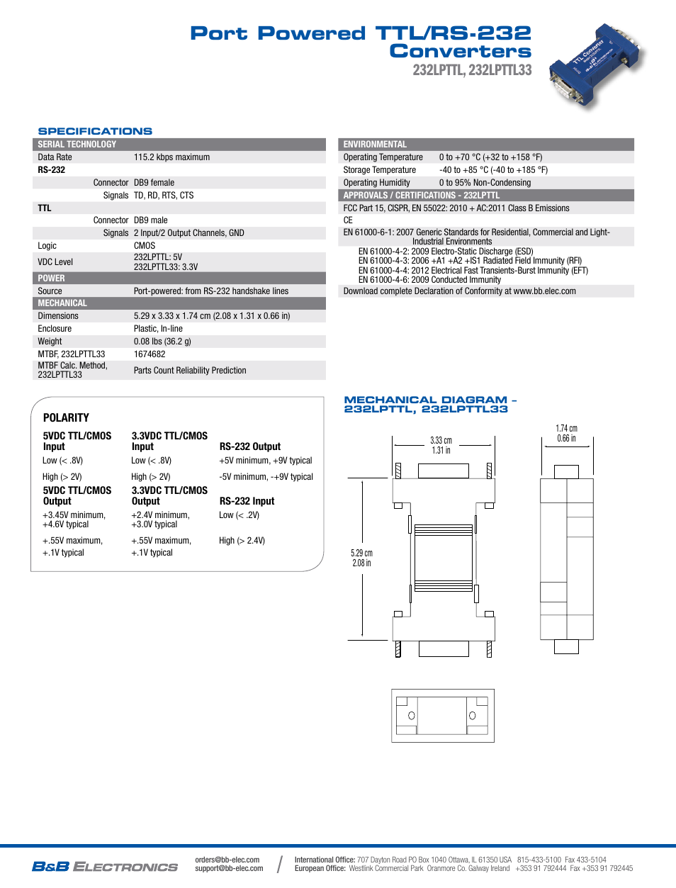 Port powered ttl/rs-232 converters | B&B Electronics 232LPTTL33 - Datasheet User Manual | Page 2 / 2