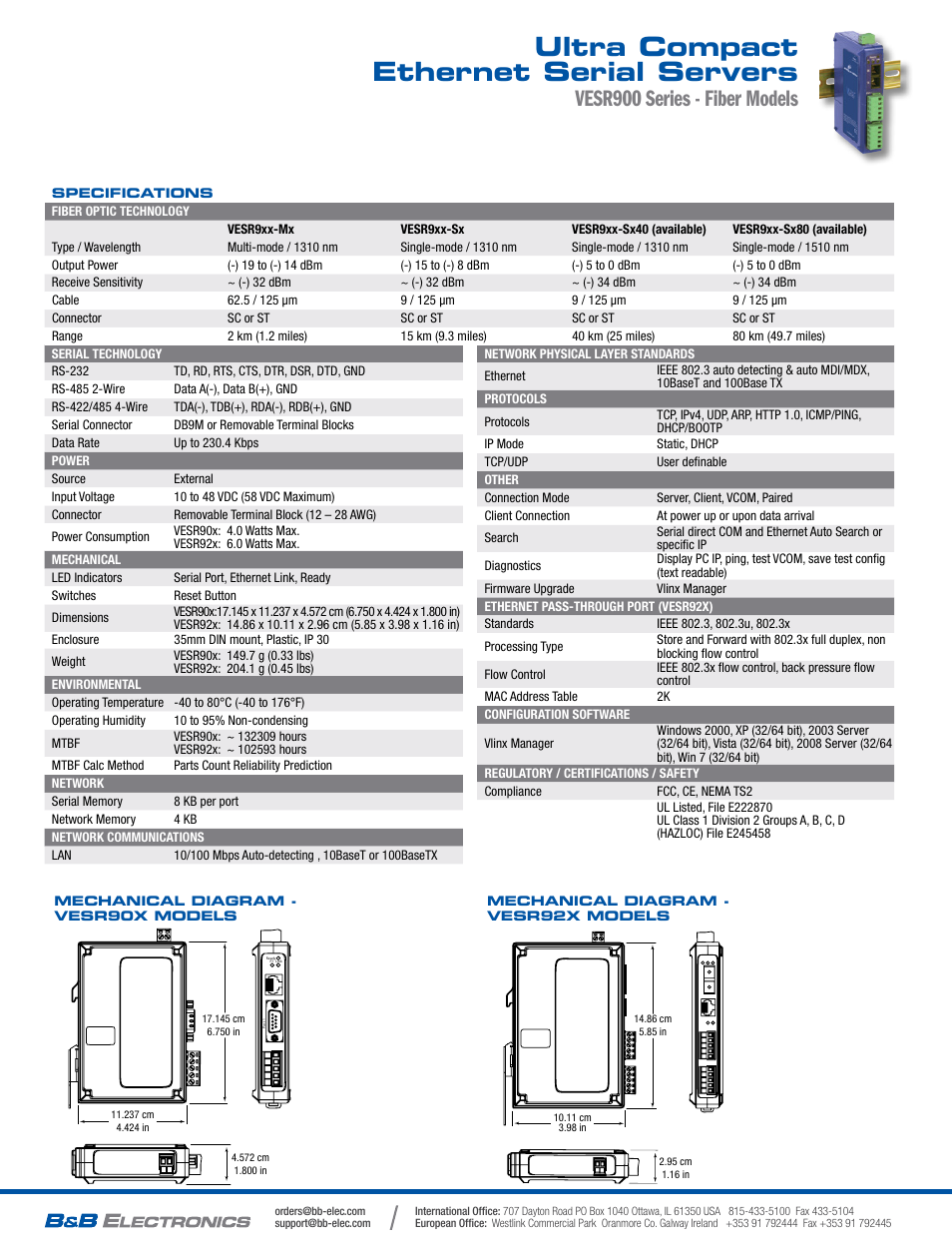 Ultra compact ethernet serial servers, Vesr900 series - fiber models | B&B Electronics VESR9xx - Fiber Models - Datasheet User Manual | Page 2 / 2