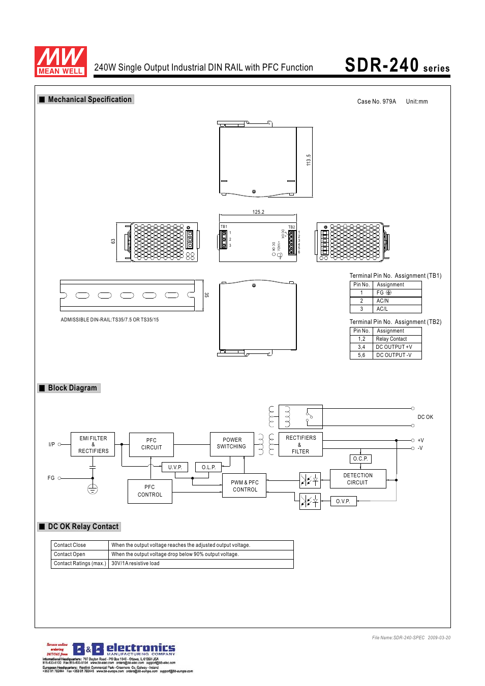 Sdr-240, Mechanical specification, Block diagram | Dc ok relay contact | B&B Electronics SDR-240 Series - Datasheet User Manual | Page 2 / 3