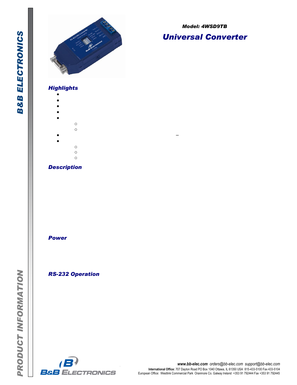 B&B Electronics 4WSD9TB - Datasheet User Manual | 5 pages