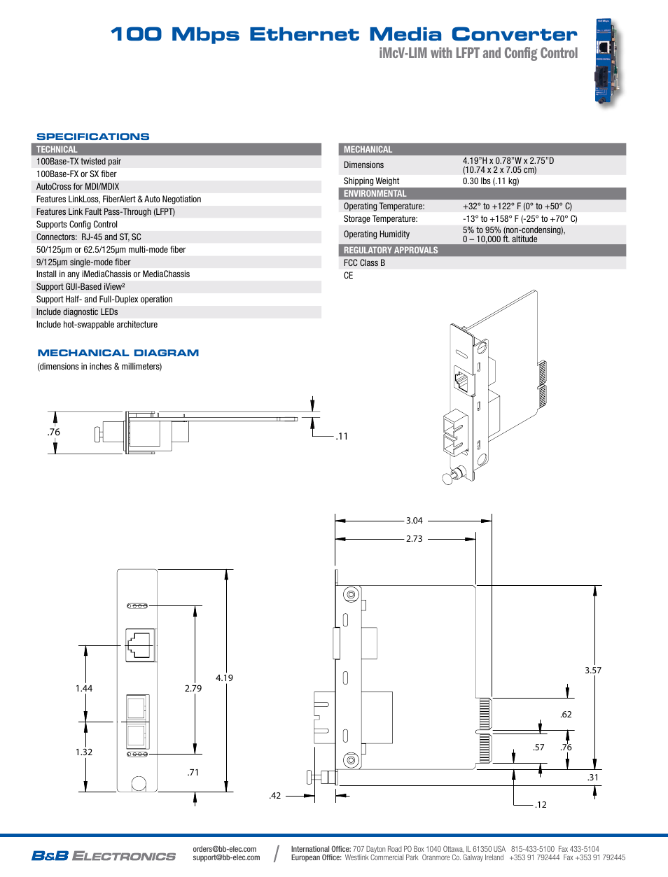 100 mbps ethernet media converter, Imcv-lim with lfpt and config control | B&B Electronics 850-15611--38 - Datasheet User Manual | Page 2 / 2