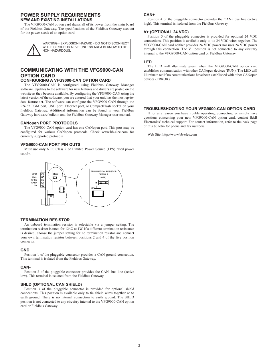 Power supply requirements, Communicating with the vfg9000-can option card | B&B Electronics VFG9000-CAN - Quick Start Guide User Manual | Page 3 / 4