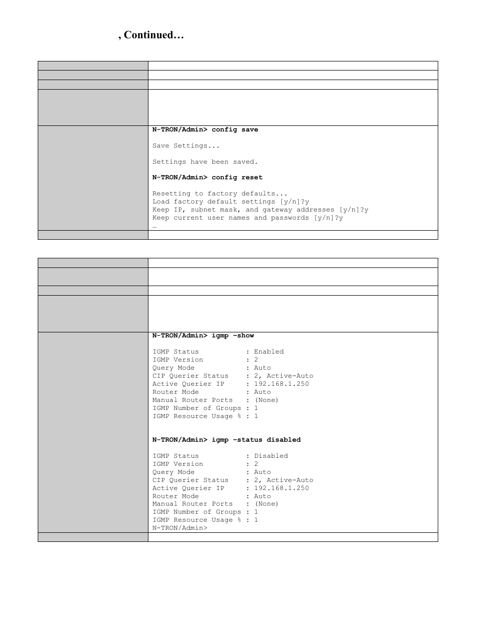 Save or reset the configuration settings, Show or set igmp configuration, Cli commands, continued | B&B Electronics 7506GX2-SX - Manual User Manual | Page 136 / 158