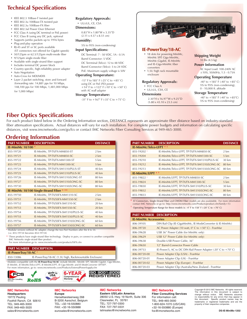 Ordering information technical specifications, Fiber optics specifications, Ie-powertray/18-ac | B&B Electronics 850-13086 - Datasheet User Manual | Page 2 / 2