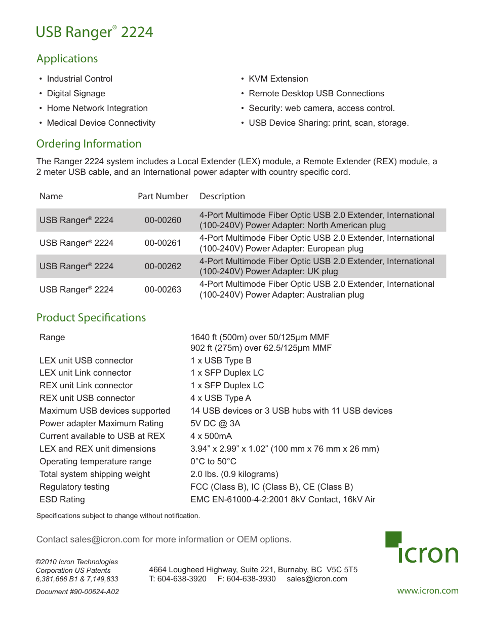 Usb ranger, Applications ordering information, Product specifications | Icron Ranger 2224 User Manual | Page 2 / 2