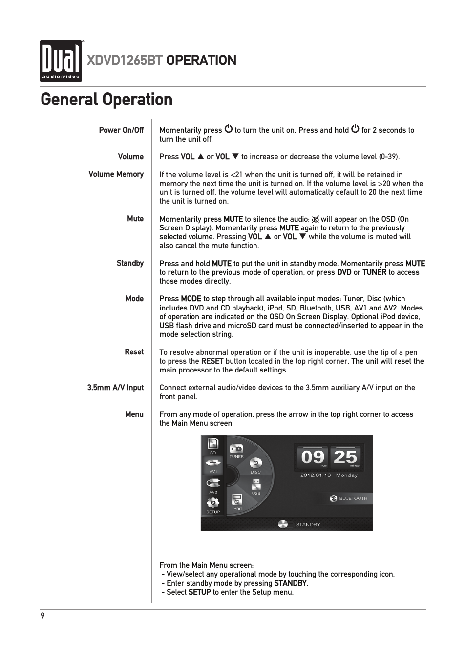 General operation, Xdvd1265bt operation | Dual Electronics XDVD1265BT User Manual | Page 10 / 36