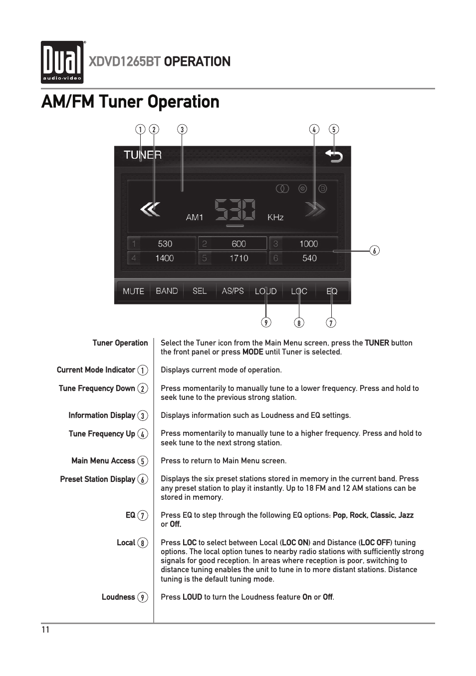 Am/fm tuner operation, Xdvd1265bt operation | Dual Electronics XDVD1265BT User Manual | Page 12 / 36