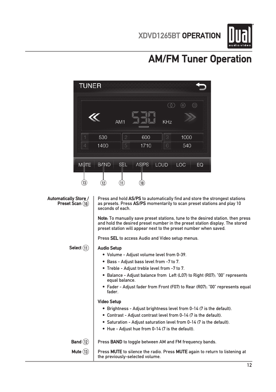 Am/fm tuner operation, Xdvd1265bt operation | Dual Electronics XDVD1265BT User Manual | Page 13 / 36