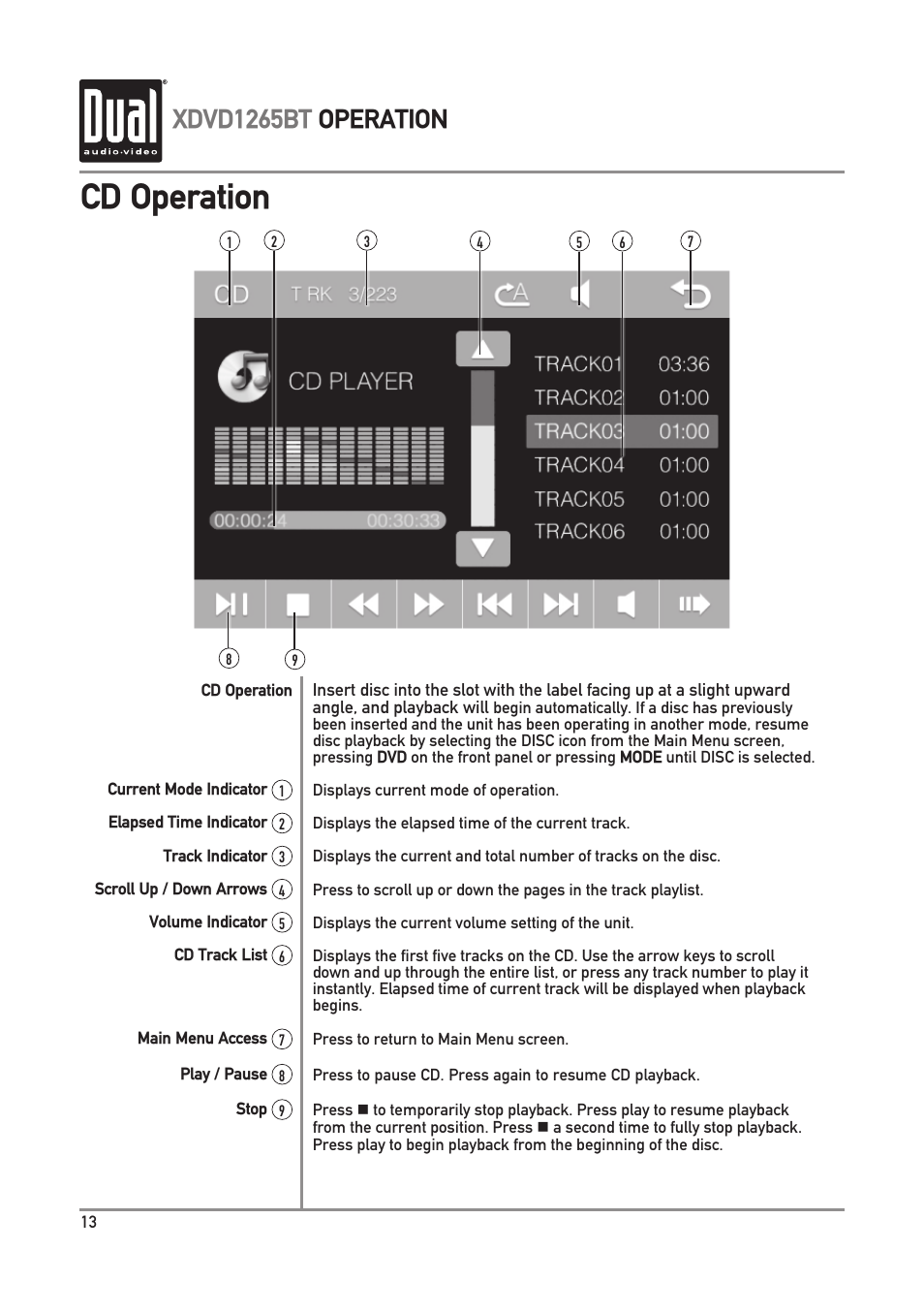 Cd operation, Xdvd1265bt operation | Dual Electronics XDVD1265BT User Manual | Page 14 / 36