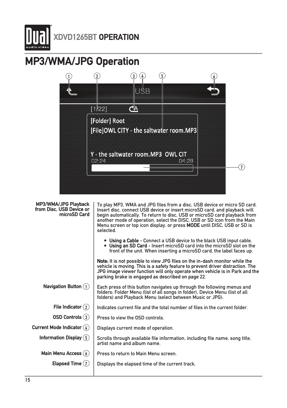 Mp3/wma/jpg operation, Xdvd1265bt operation | Dual Electronics XDVD1265BT User Manual | Page 16 / 36