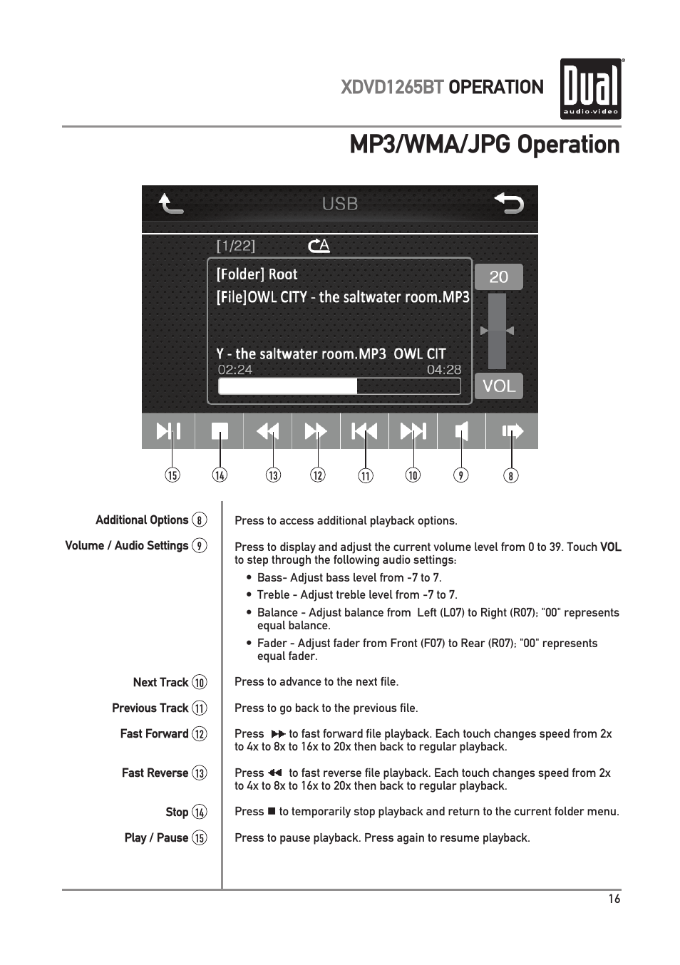 Mp3/wma/jpg operation, Xdvd1265bt operation | Dual Electronics XDVD1265BT User Manual | Page 17 / 36