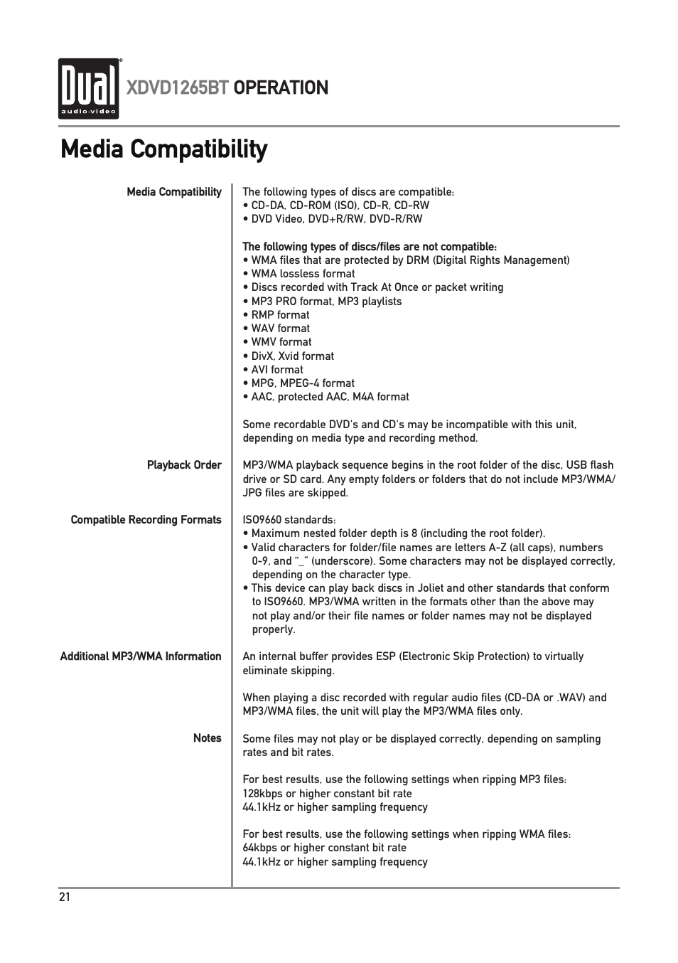 Media compatibility, Xdvd1265bt operation | Dual Electronics XDVD1265BT User Manual | Page 22 / 36