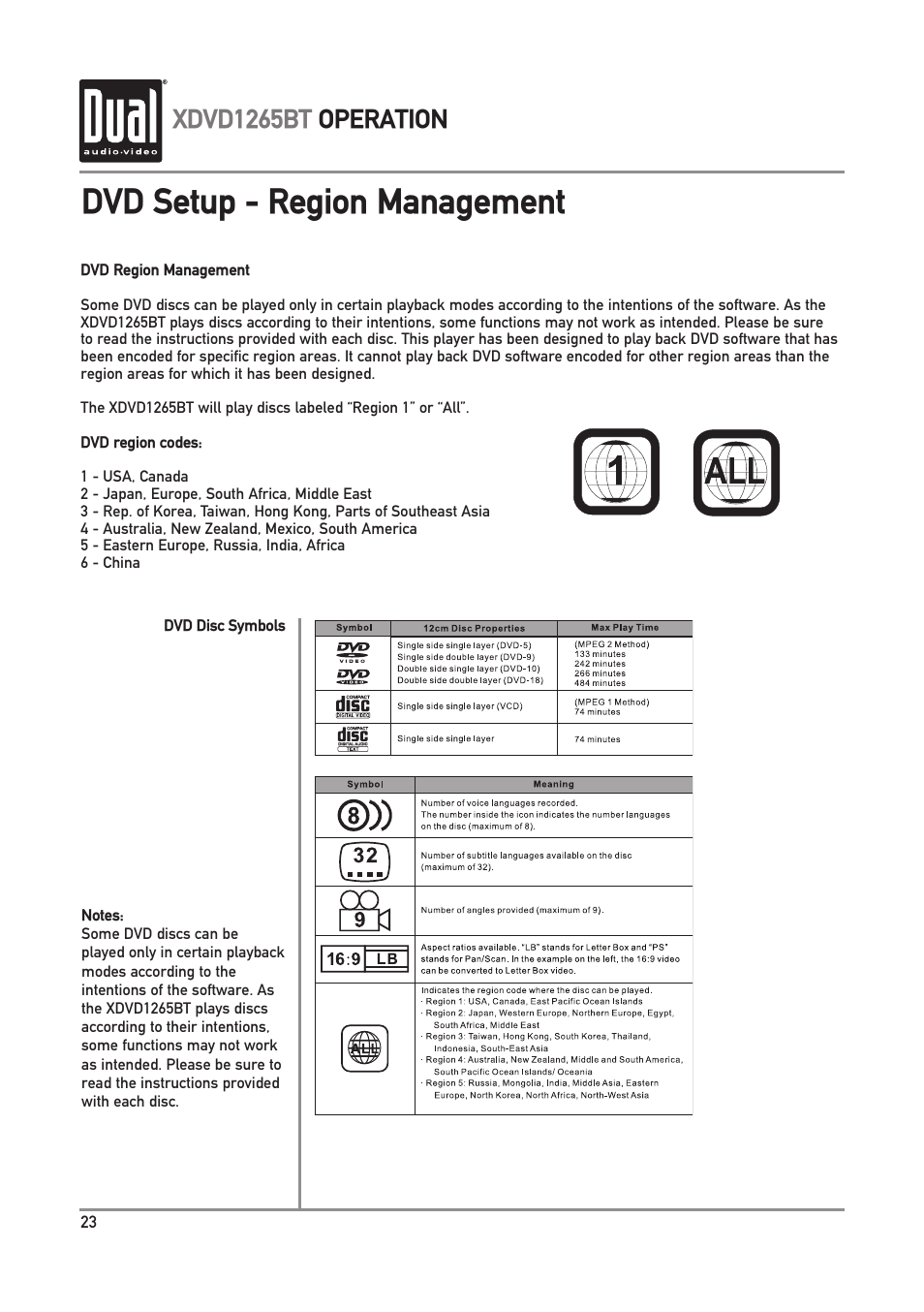 Dvd setup - region management, Xdvd1265bt operation | Dual Electronics XDVD1265BT User Manual | Page 24 / 36