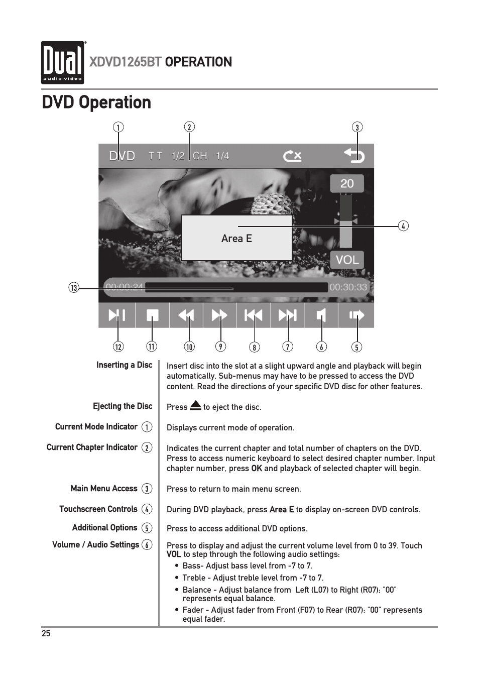 Dvd operation, Xdvd1265bt operation, Area e | Dual Electronics XDVD1265BT User Manual | Page 26 / 36