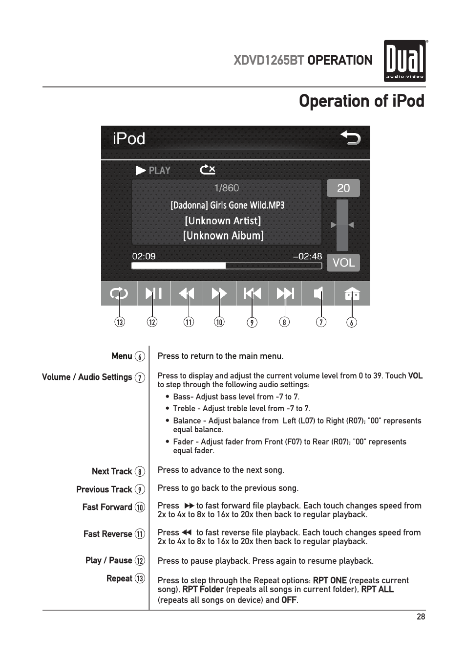 Operation of ipod, Xdvd1265bt operation | Dual Electronics XDVD1265BT User Manual | Page 29 / 36