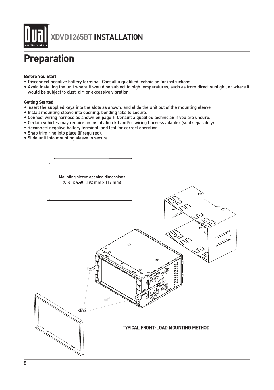 Preparation, Xdvd1265bt installation | Dual Electronics XDVD1265BT User Manual | Page 6 / 36
