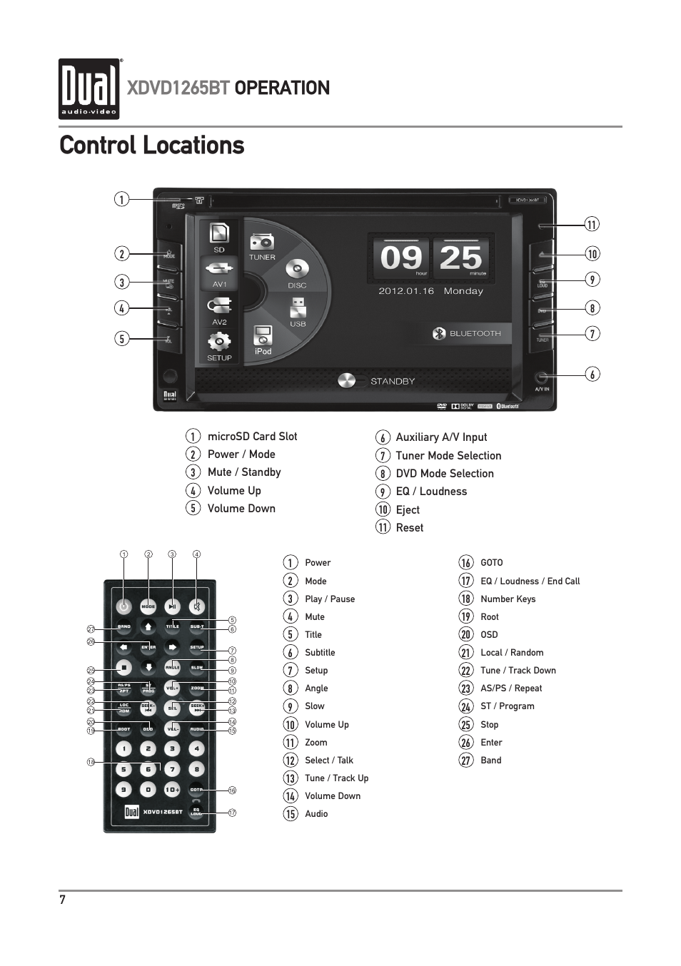 Control locations, Xdvd1265bt operation | Dual Electronics XDVD1265BT User Manual | Page 8 / 36