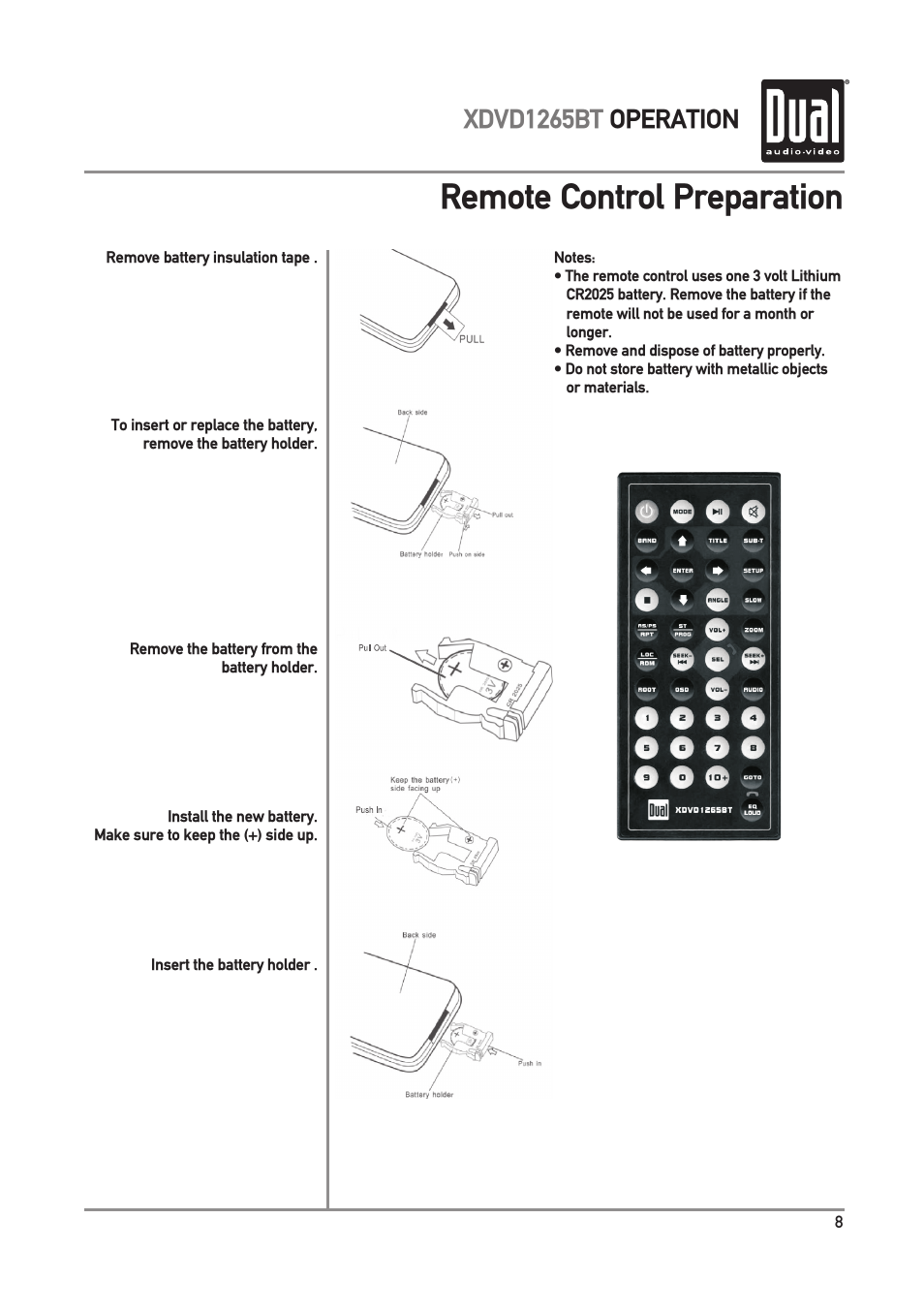 Remote control preparation, Xdvd1265bt operation | Dual Electronics XDVD1265BT User Manual | Page 9 / 36