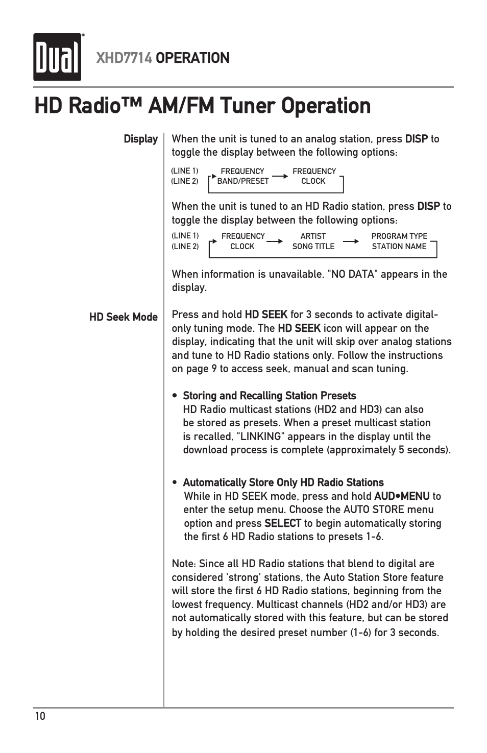 Hd radio™ am/fm tuner operation, Xhd7714 operation | Dual Electronics XHD7714 User Manual | Page 10 / 32