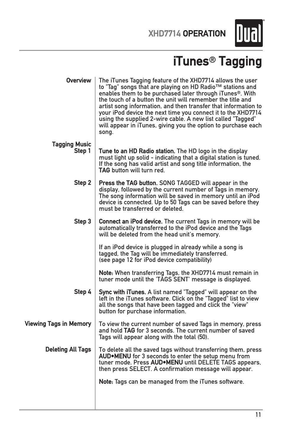 Itunes, Tagging, Xhd7714 operation | Dual Electronics XHD7714 User Manual | Page 11 / 32