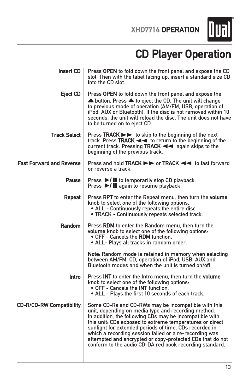 Cd player operation, Xhd7714 operation | Dual Electronics XHD7714 User Manual | Page 13 / 32