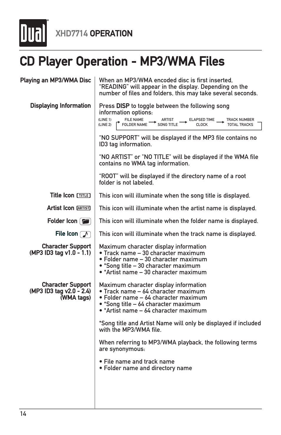 Cd player operation - mp3/wma files, Xhd7714 operation | Dual Electronics XHD7714 User Manual | Page 14 / 32