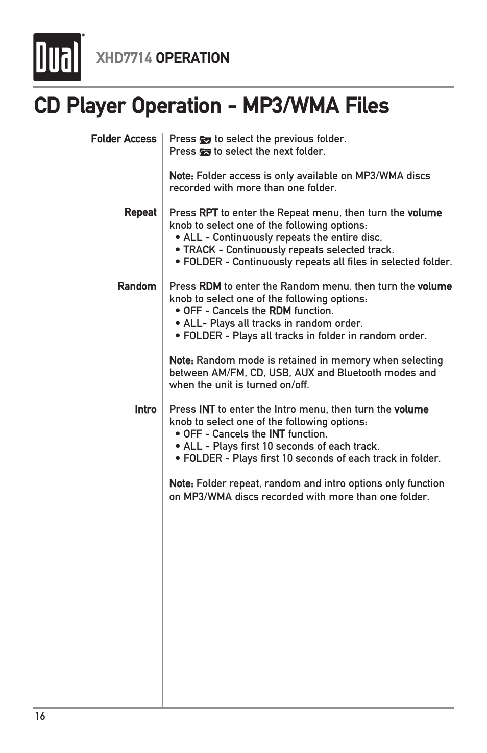 Cd player operation - mp3/wma files, Xhd7714 operation | Dual Electronics XHD7714 User Manual | Page 16 / 32