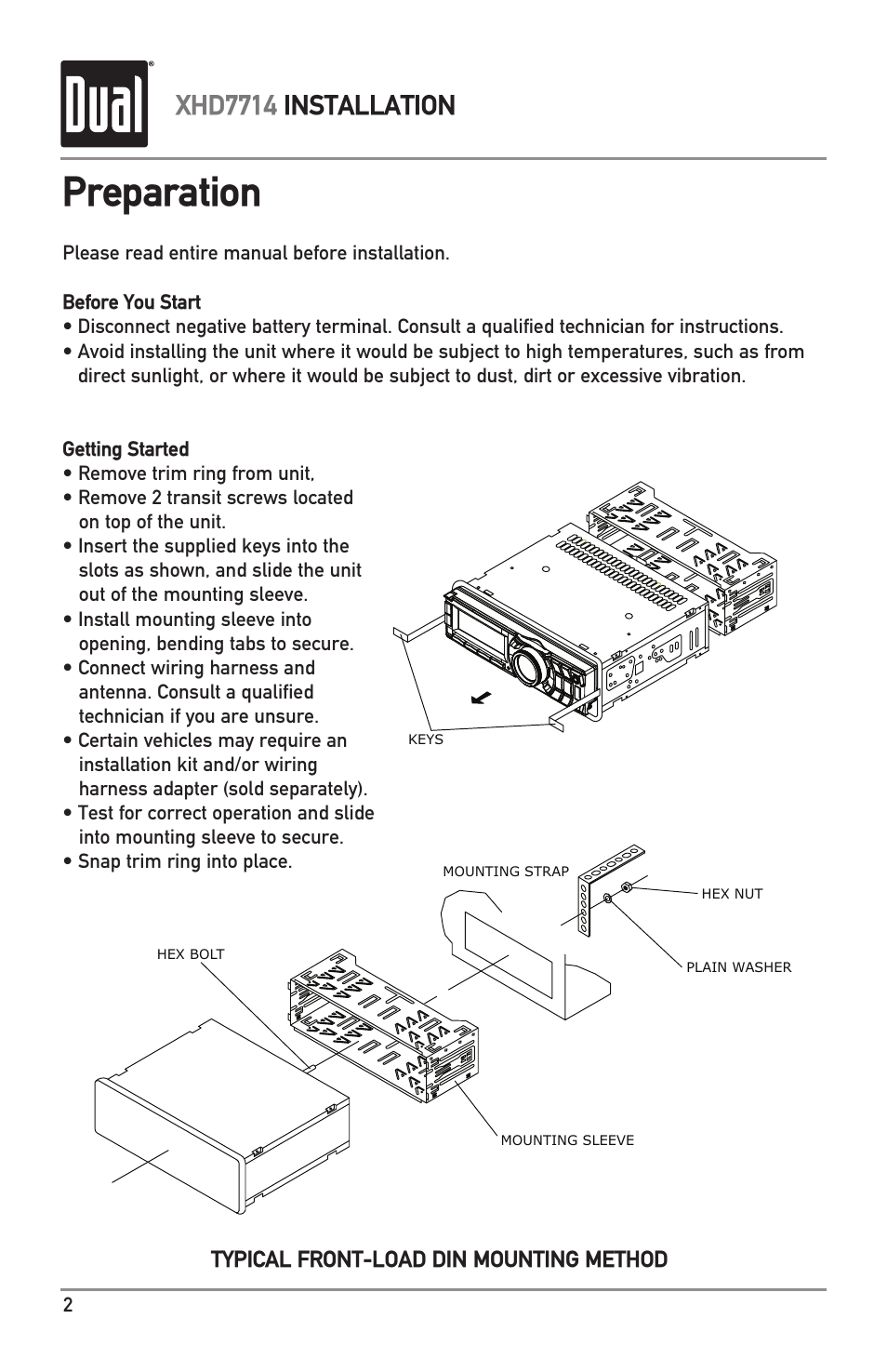 Preparation, Xhd7714 installation | Dual Electronics XHD7714 User Manual | Page 2 / 32