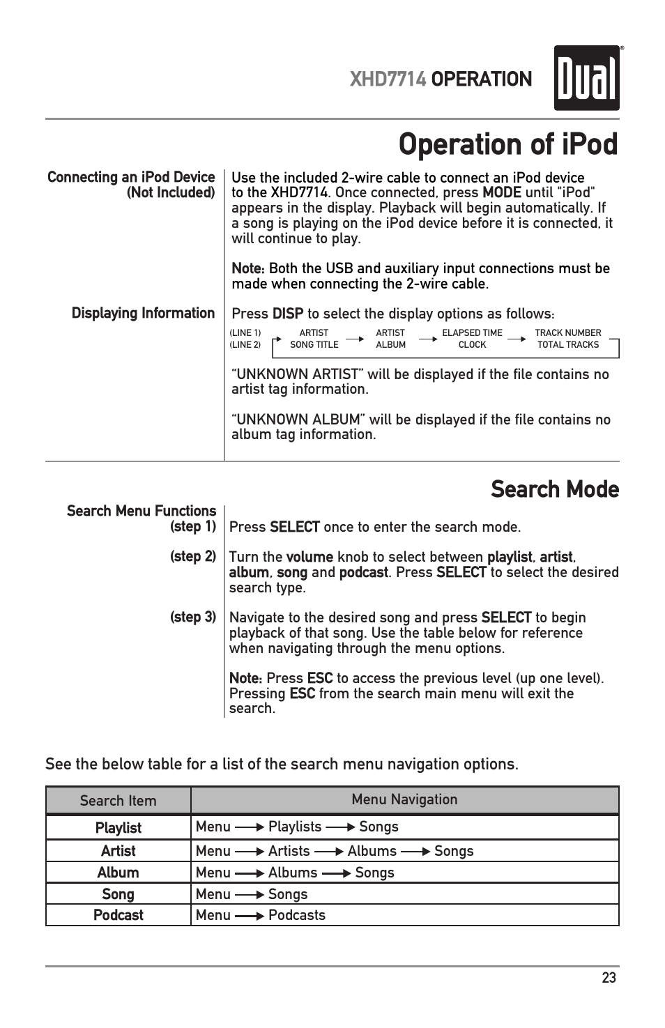 Operation of ipod, Search mode, Xhd7714 operation | Dual Electronics XHD7714 User Manual | Page 23 / 32