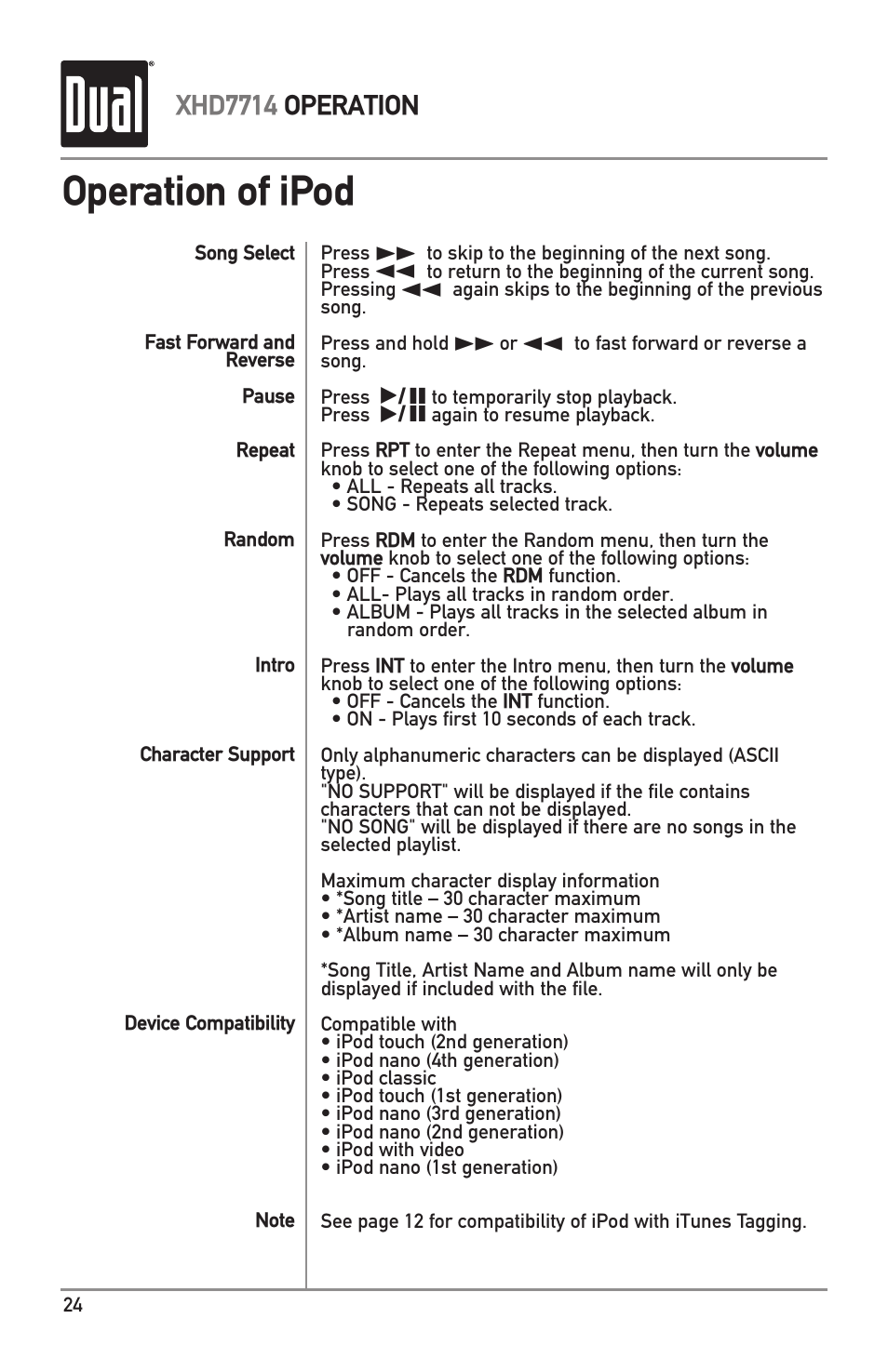 Operation of ipod, Xhd7714 operation | Dual Electronics XHD7714 User Manual | Page 24 / 32