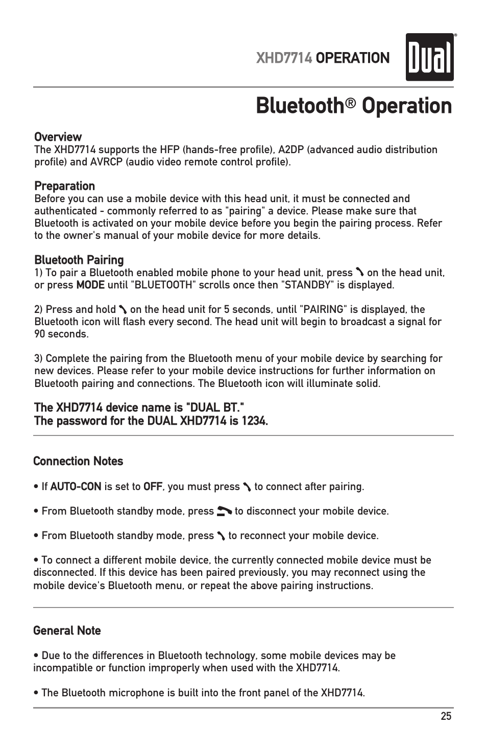 Bluetooth, Operation, Xhd7714 operation | Dual Electronics XHD7714 User Manual | Page 25 / 32