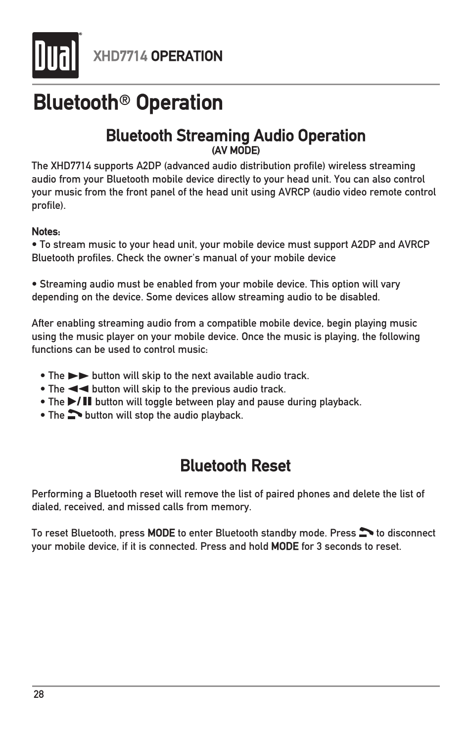 Bluetooth, Operation, Bluetooth reset | Bluetooth streaming audio operation | Dual Electronics XHD7714 User Manual | Page 28 / 32