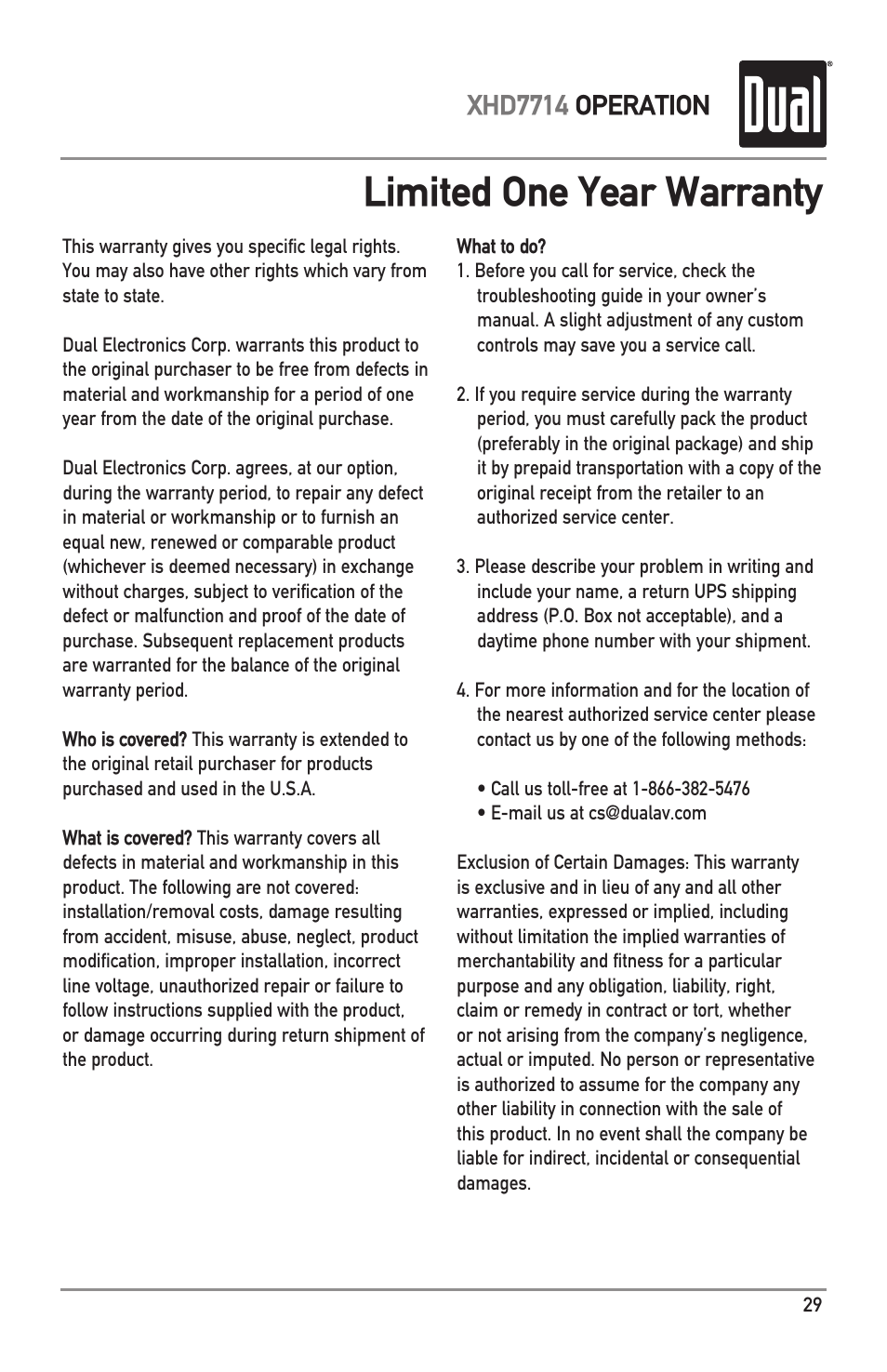 Limited one year warranty, Xhd7714 operation | Dual Electronics XHD7714 User Manual | Page 29 / 32
