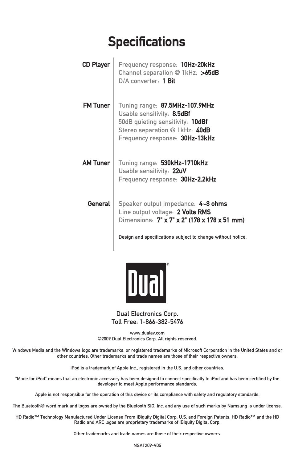 Specifications | Dual Electronics XHD7714 User Manual | Page 32 / 32