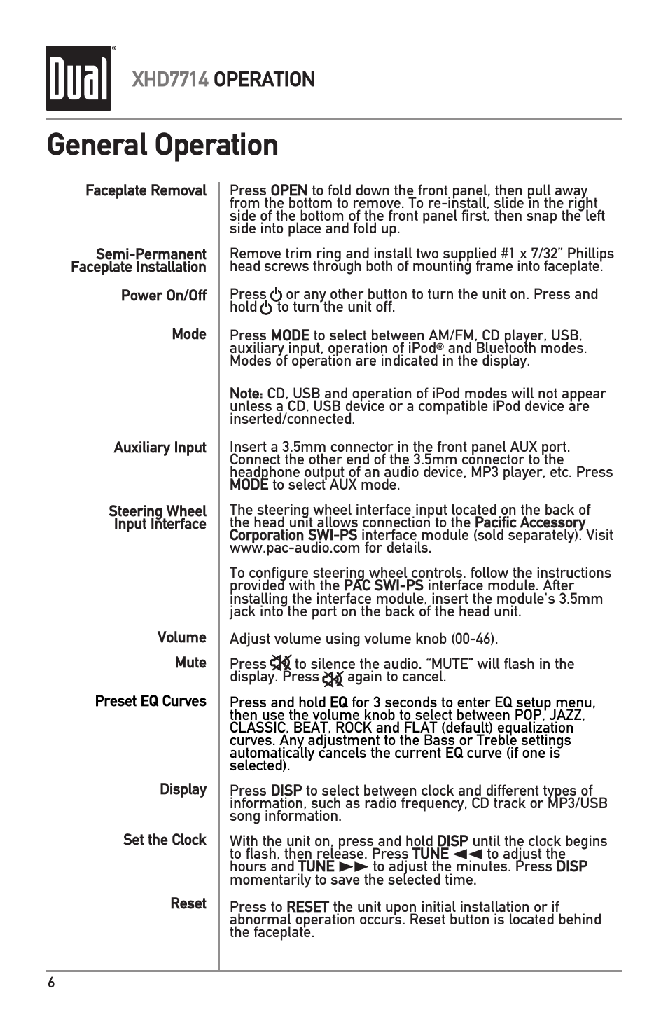 General operation, Xhd7714 operation | Dual Electronics XHD7714 User Manual | Page 6 / 32