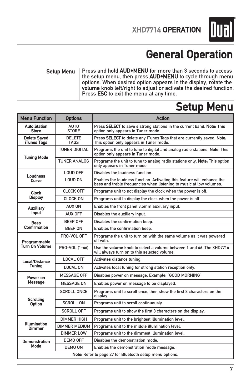 General operation setup menu, Xhd7714 operation | Dual Electronics XHD7714 User Manual | Page 7 / 32
