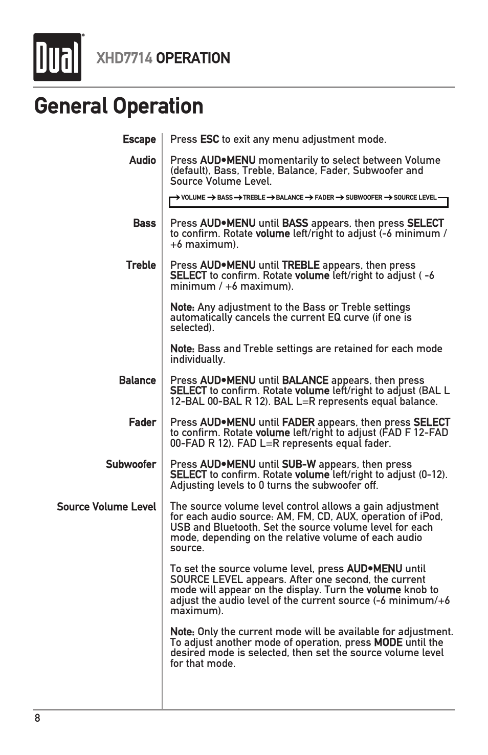 General operation, Xhd7714 operation | Dual Electronics XHD7714 User Manual | Page 8 / 32