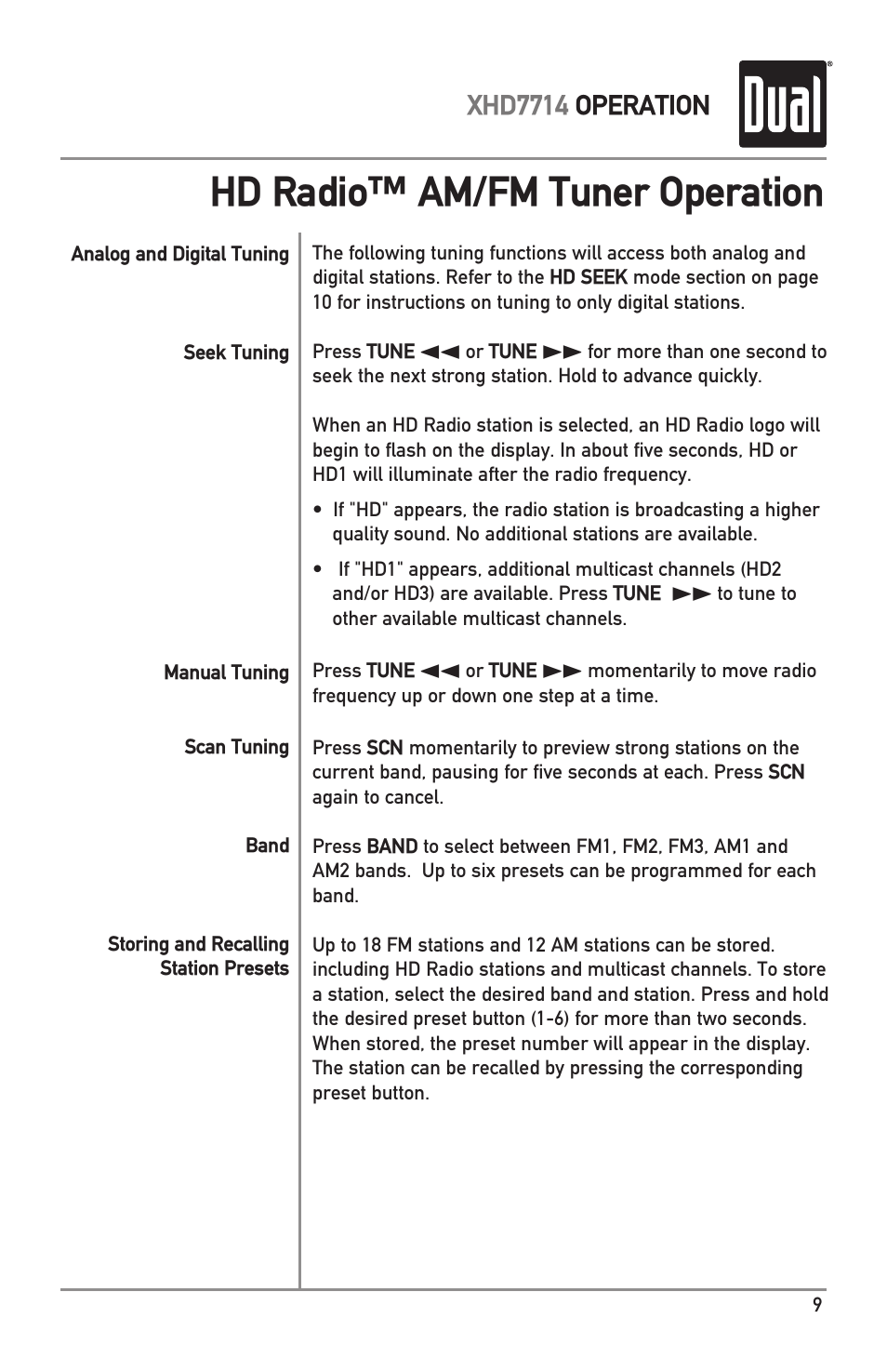 Hd radio™ am/fm tuner operation | Dual Electronics XHD7714 User Manual | Page 9 / 32