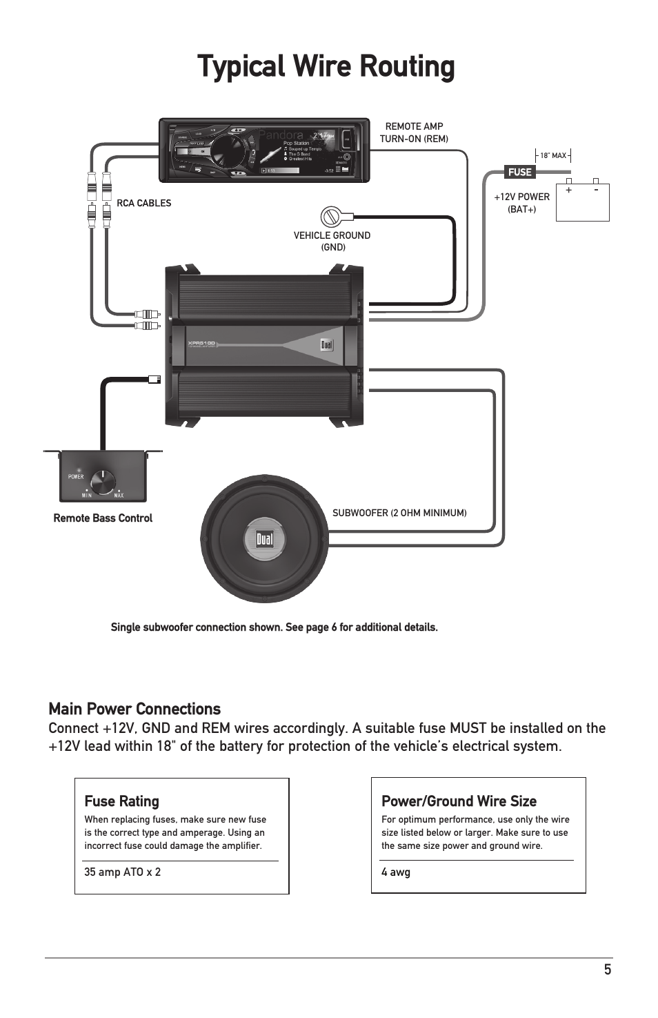 Typical wire routing, Main power connections, Fuse rating | Power/ground wire size | Dual Electronics XPR510D User Manual | Page 5 / 12
